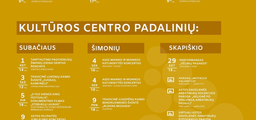 Kupiškio kultūros centro 2026 m. spalio mėnesio renginiai 