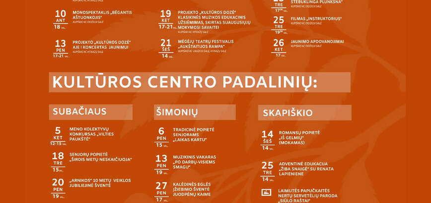 Kupiškio kultūros centro 2026 m. lapkričio mėnesio renginiai