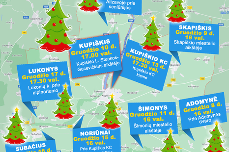 Kalėdinių eglių įžiebimo žemėlapis Kupiškio mieste ir rajone